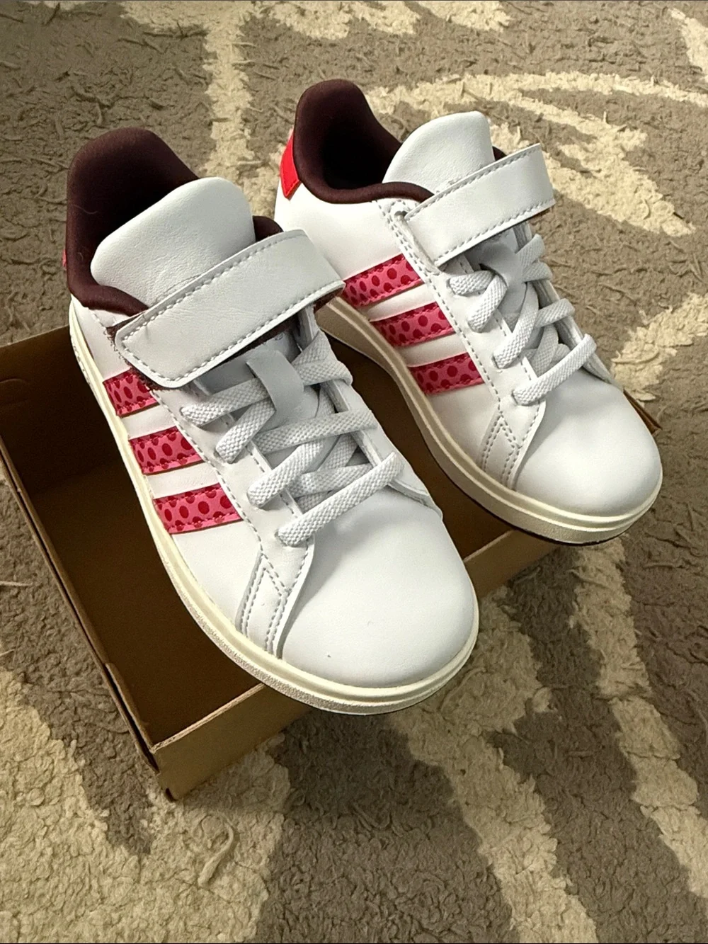 adidas Kids White Sneakers with Pink Polka-Stripe and Minnie Accent